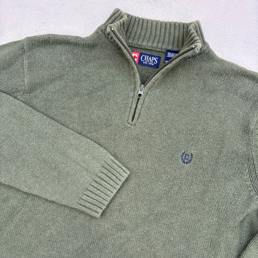 Chaps 1/4 Zip Sweater Mens XL Green Cotton Knit Pullover Mock Neck Logo